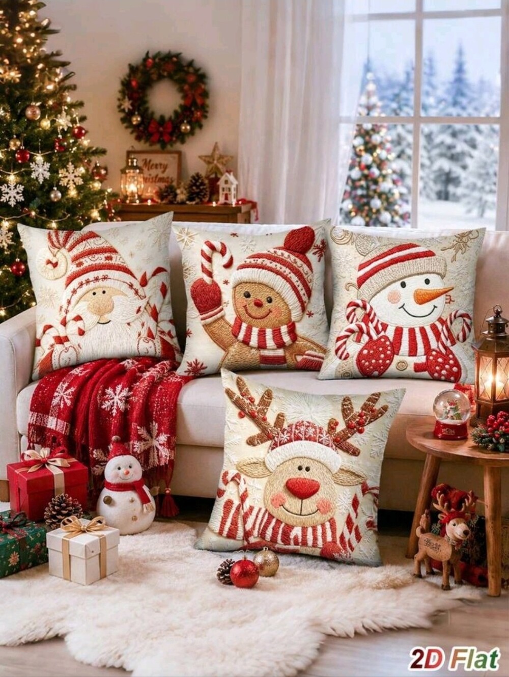 Festive Red Christmas Throw Pillow Covers - Set of 4